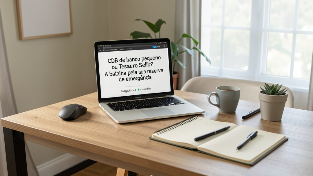 Imagem editorial ilustrando CDB de banco pequeno ou Tesouro Selic? A batalha pela sua reserva de emergência