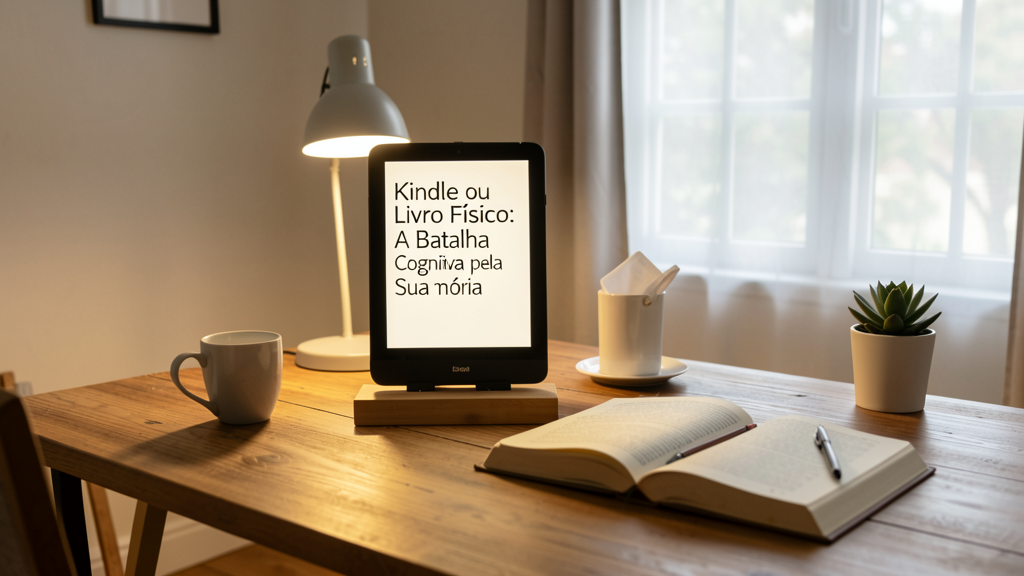 Imagem editorial ilustrando Kindle ou Livro Físico: A Batalha Cognitiva pela Sua Memória